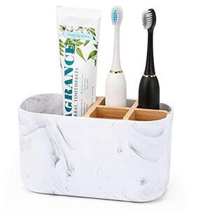 Marble Toothbrush Holder 5 Slot Bamboo Bathroom Countertop Organizer